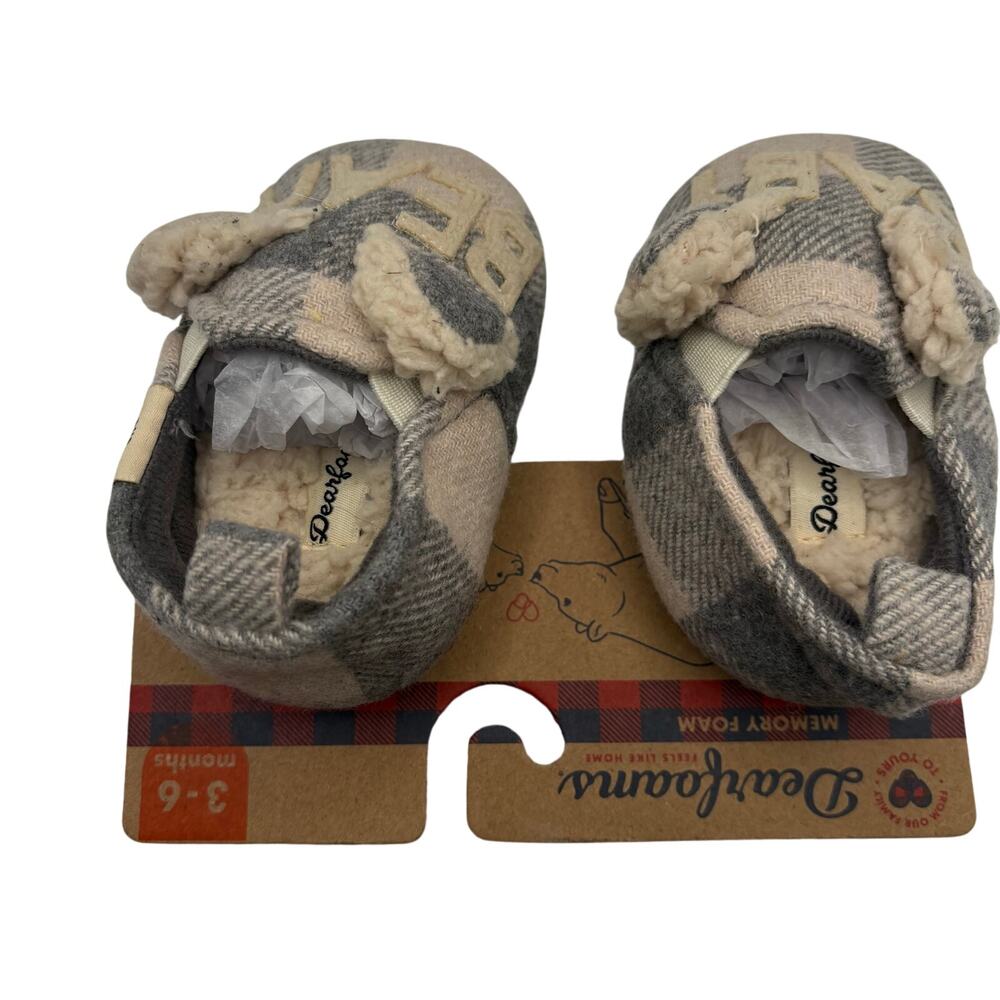 Dearfoams Baby Bear Sherpa Plaid Slippers Gray Buffalo Check NWT Embroidered